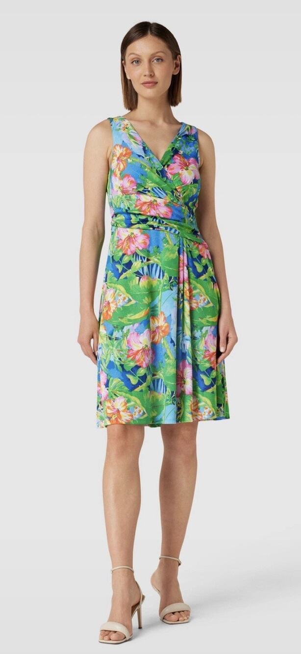 Lauren Ralph Lauren Floral Sleeveless Dress Green Pink Hibiscus Faux Wrap 6